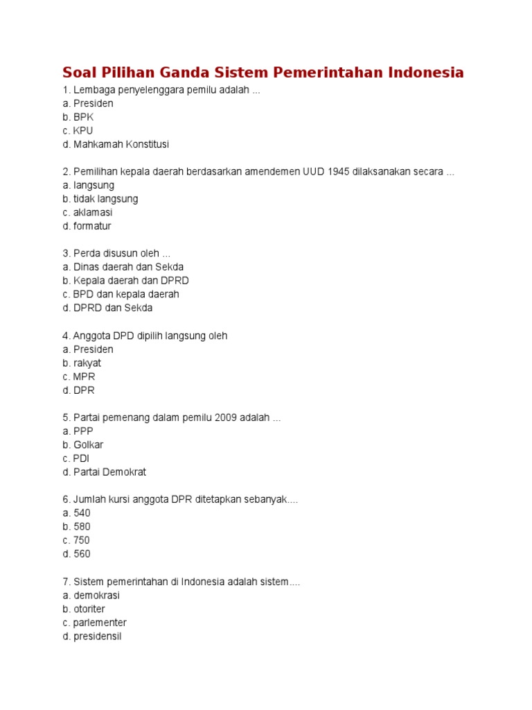 Soal Pilihan Ganda Sistem Pemerintahan Indonesia