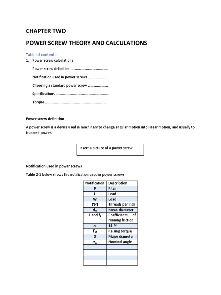 Chapter Two Power Screw Theory and Calculations PDF Screw Joining