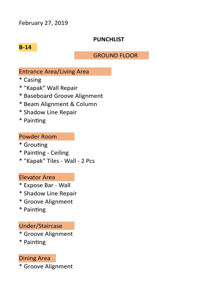 Construction Punch List Example | PDF