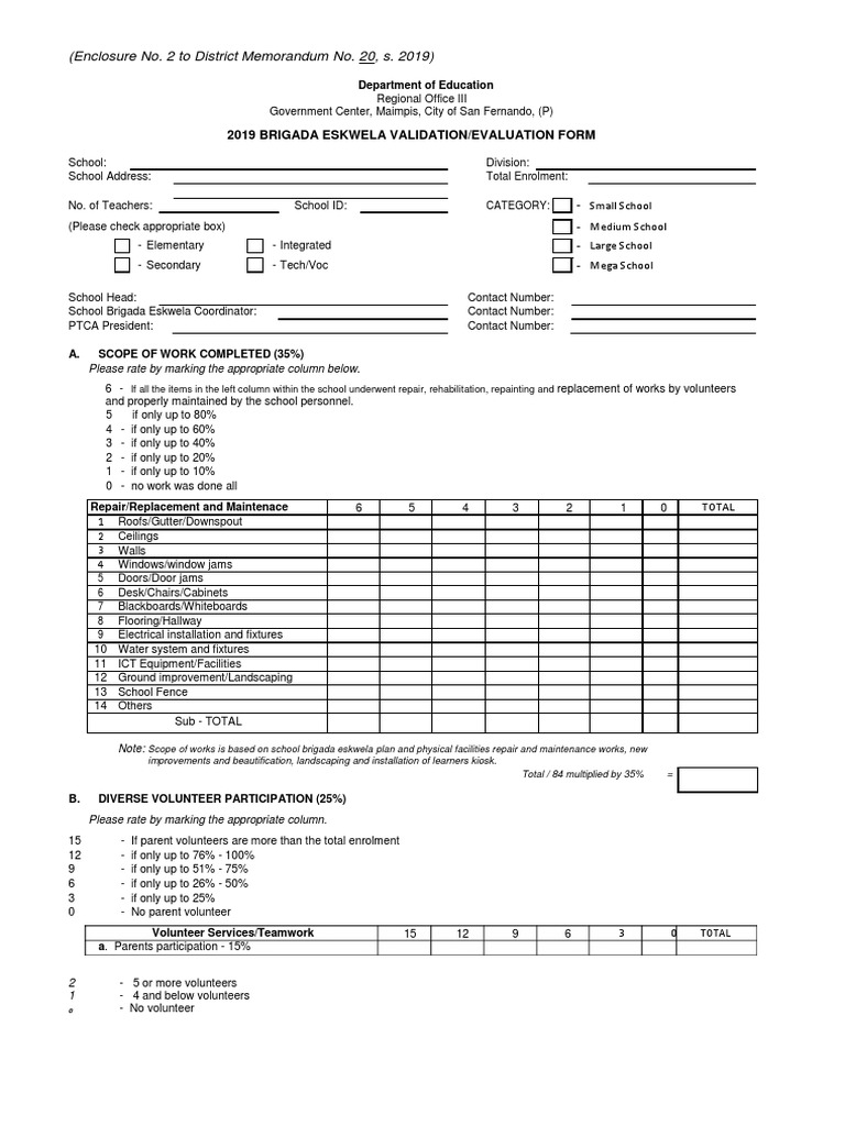 2019 Brigada Eskwela Validation Form