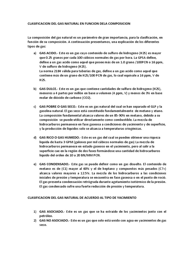 Clasificación del Gas Natural por Composición | PDF | Gases | Gas natural