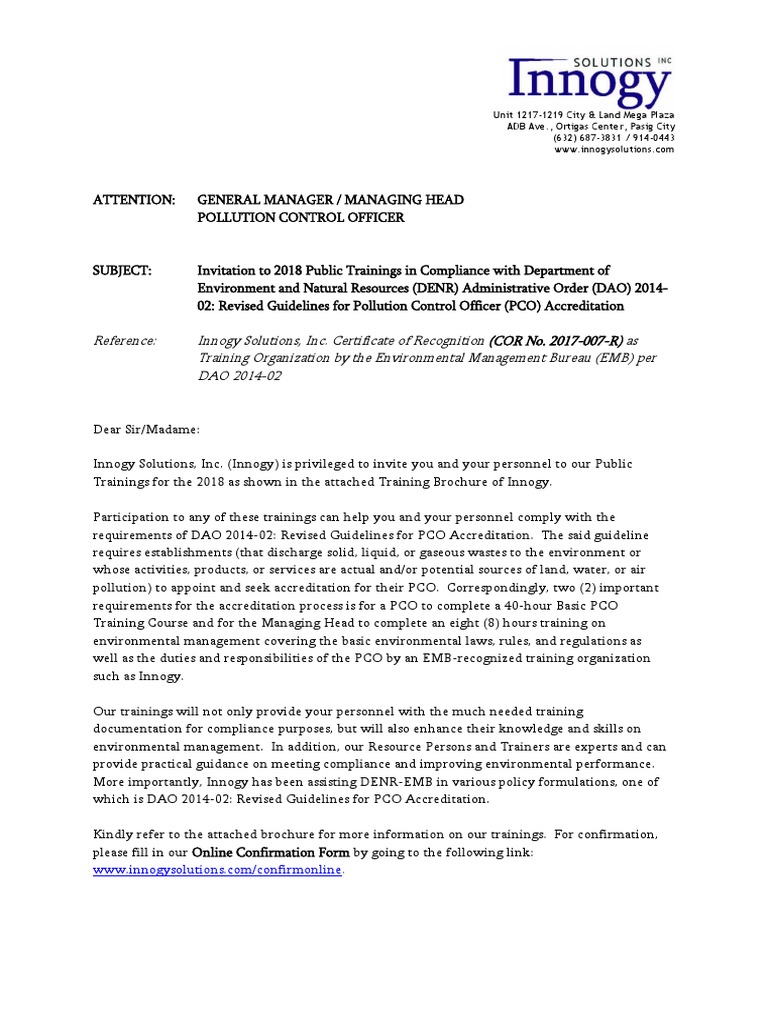 2018 PCO Training Invitation from Innogy | PDF | Regulatory Compliance ...