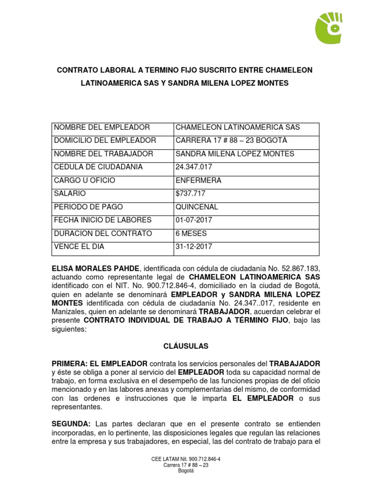 Contrato Termino Fijo Enfermera | PDF | Salario | Virtud