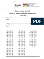 Science & Maths Quiz 2019: District Level Challenge: Multiple-Choice Questions (MCQS) Answer Sheet