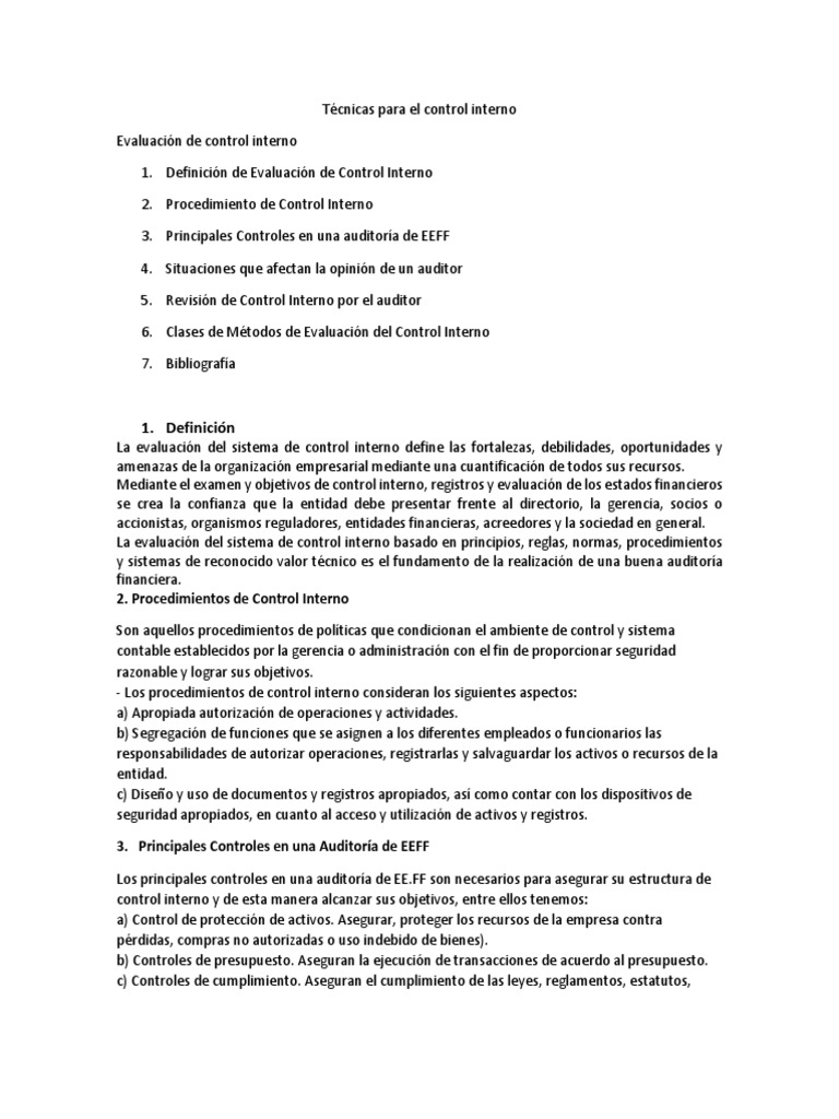 Técnicas de Evaluación de Control Interno | PDF | Auditoría | Cuestionario