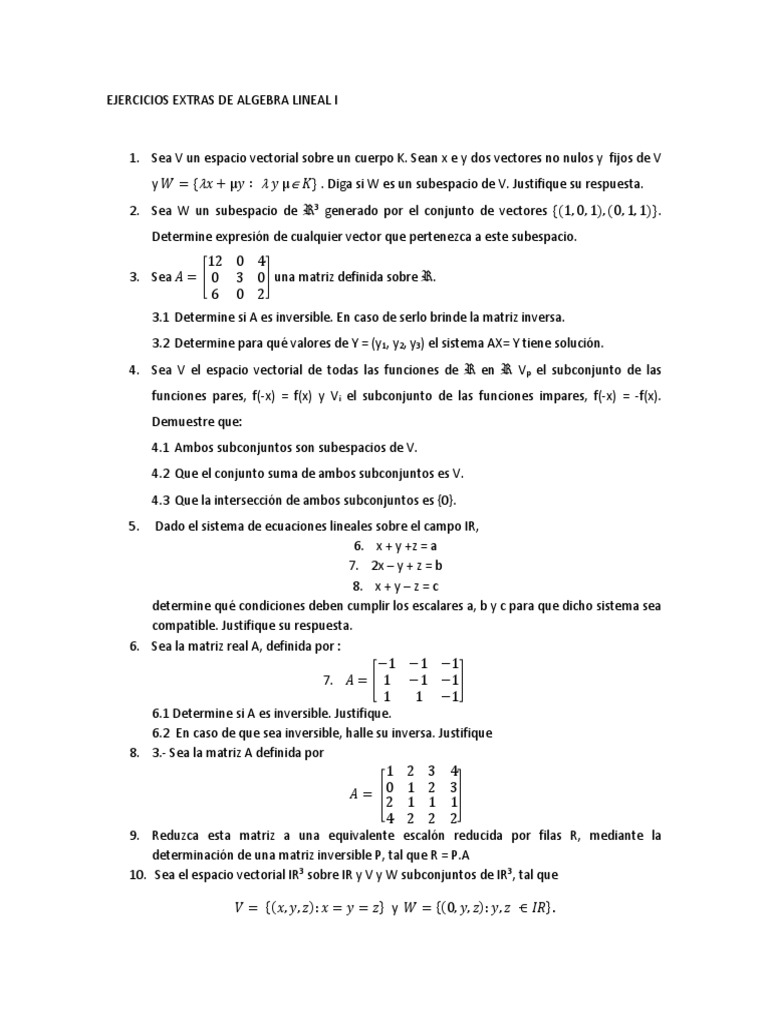 Ejercicios de Álgebra Lineal I | PDF | Espacio vectorial | Mapa lineal