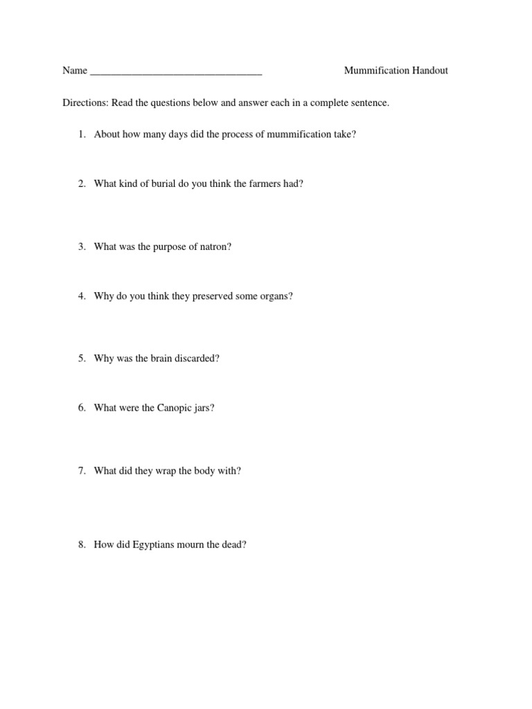 Mummification Handout Worksheet | PDF | Mummy | Ancient Africa