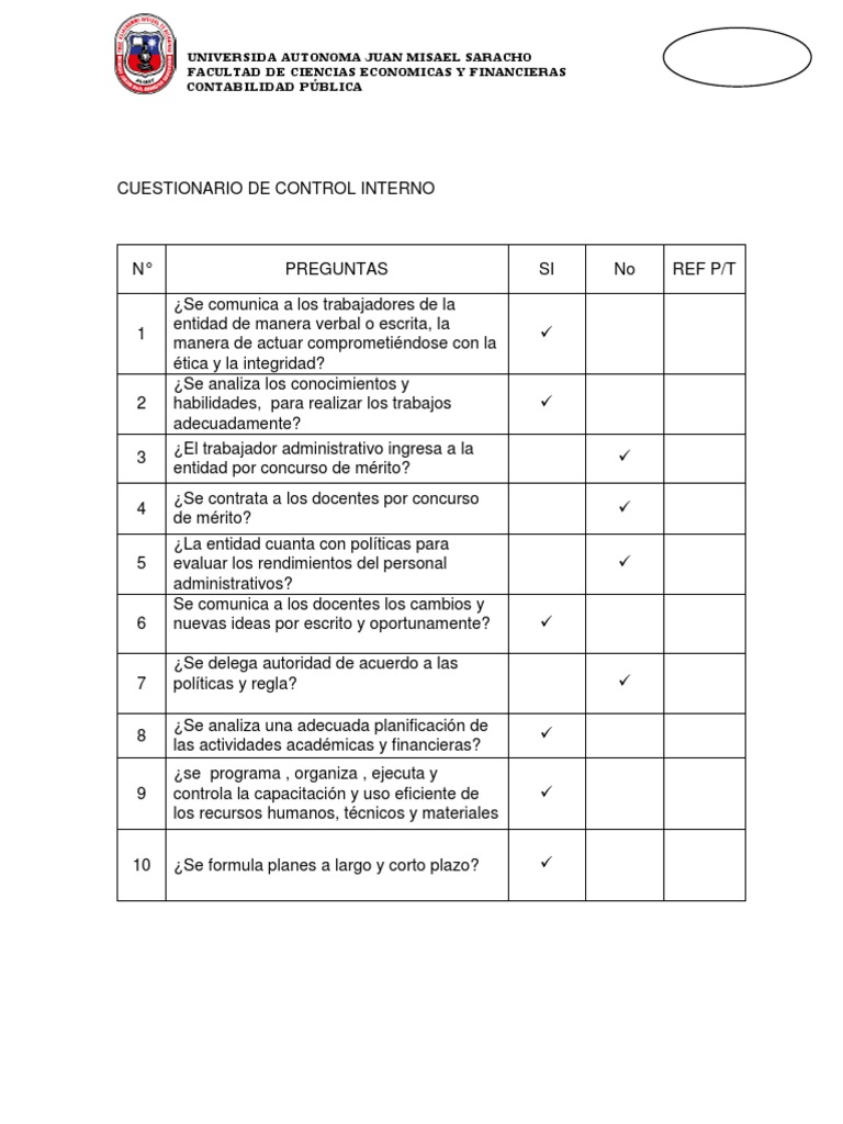 Cuestionario de Control Interno | PDF | Planificación | Contabilidad