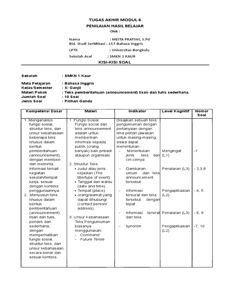 Instrumen Evaluasi Kisi Kisi Soal