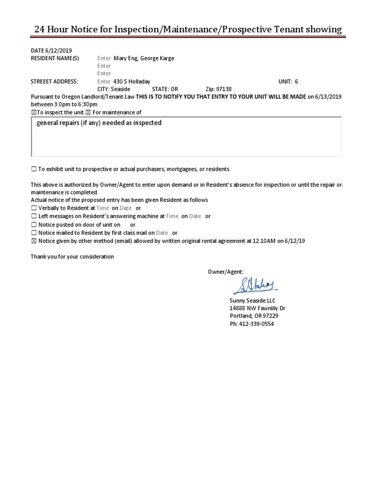 24-Hour Notice for Unit Inspection | PDF