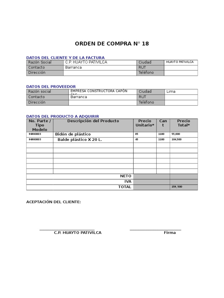 Formulario De Orden De Compra De Construccion
