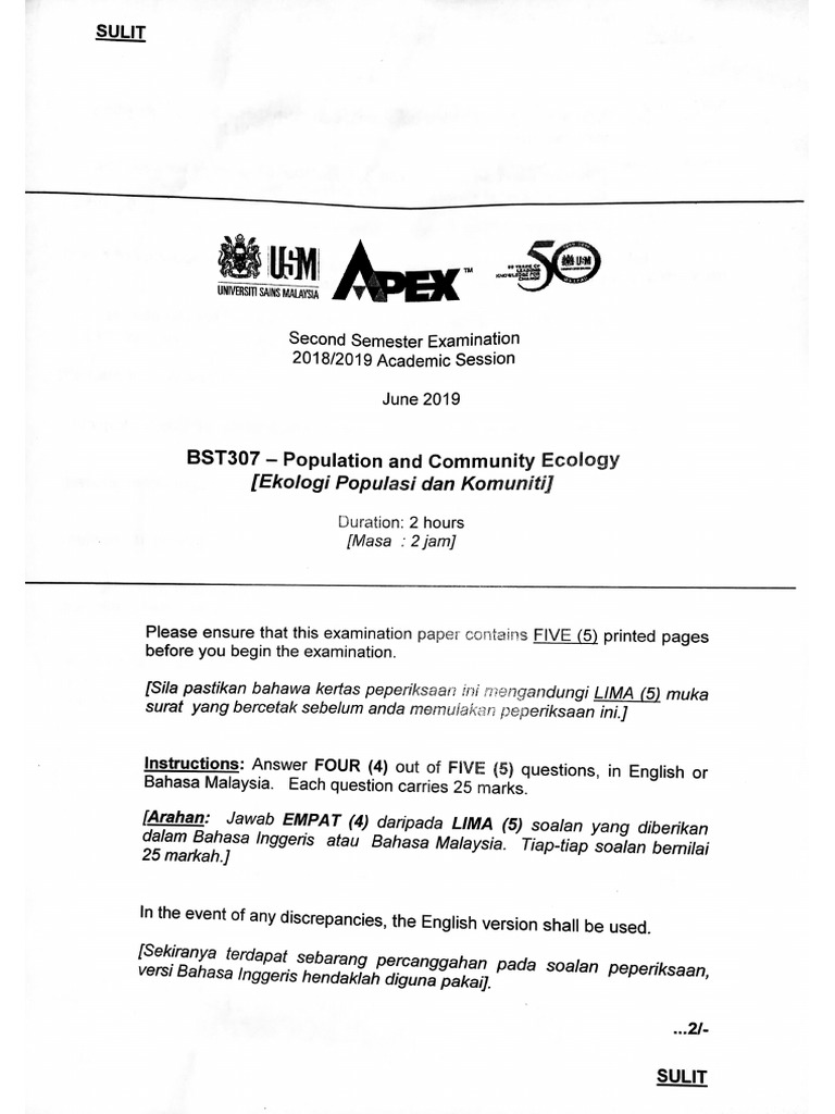 BST307 Population and Community Ecology USM Examination Paper Sem 2 ...