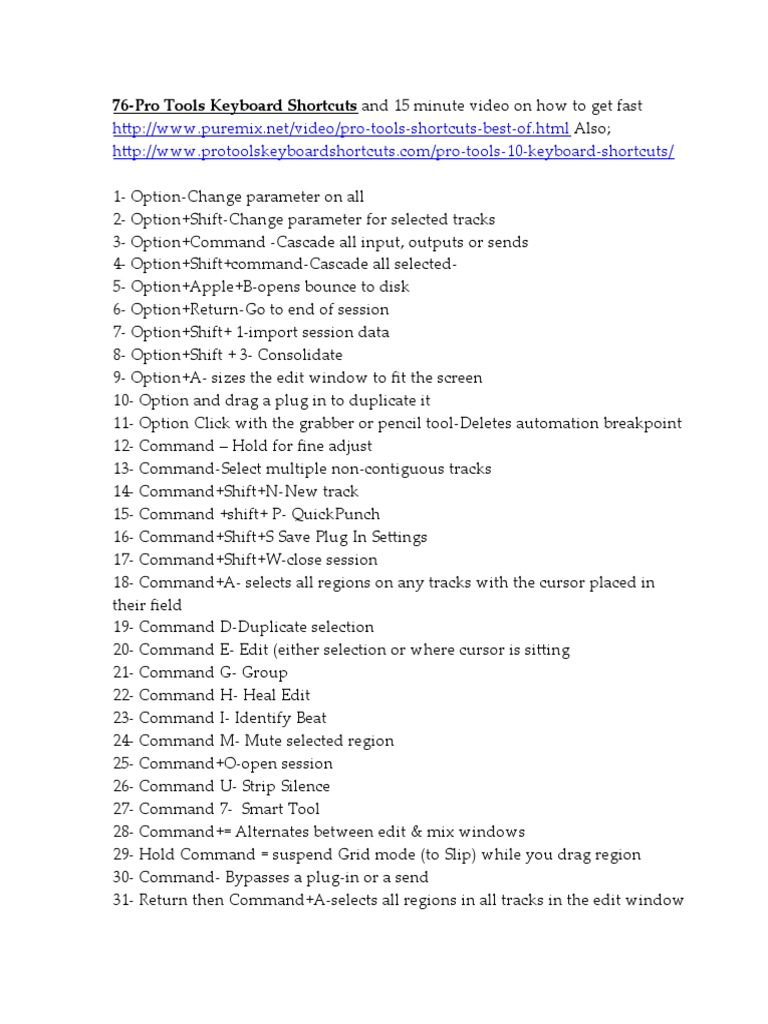 Pro Tools Shortcuts Guide | PDF | Software | System Software