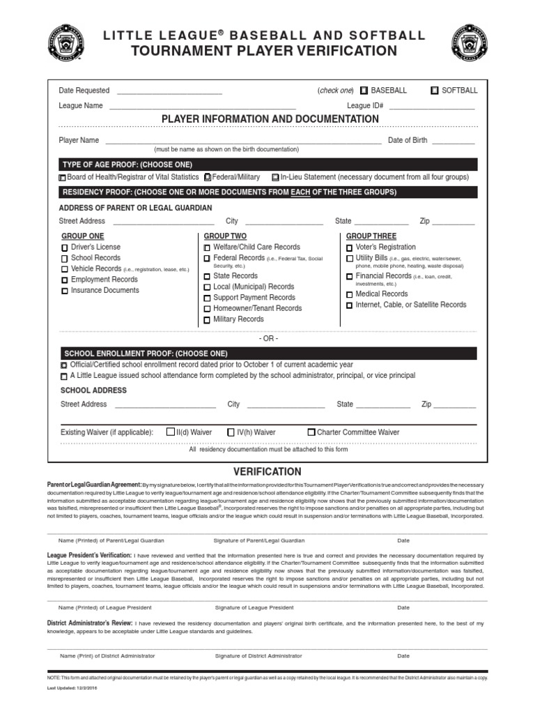 Little League Form PDF Birth Certificate Government