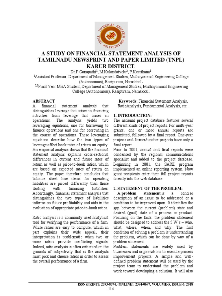 A Study On Financial Statement Analysis of Tamilnadu Newsprint and
