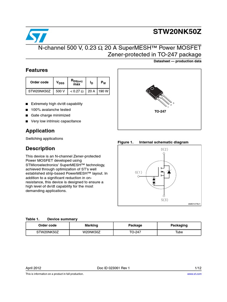 STMicroelectronics STW20NK50Z MOSFET N-Channel 500V 17A 190W TO-247 – Nuovo
