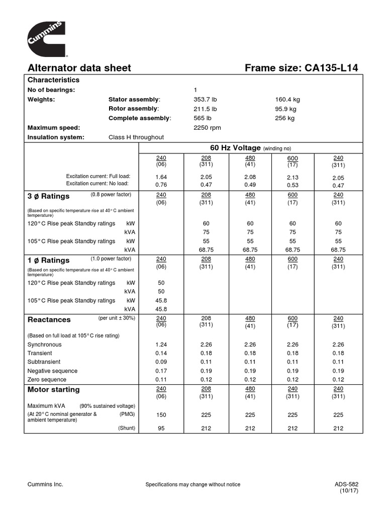 Alternator Data Sheet Frame Size CA135L14 Haracteristics PDF