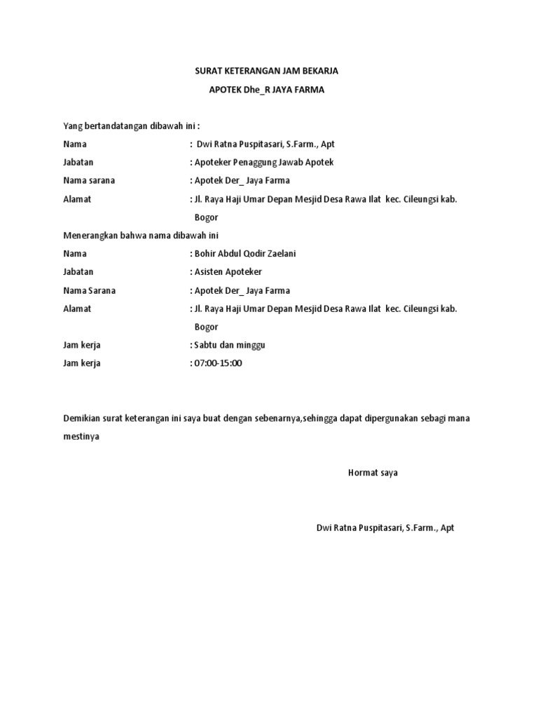 Surat Keterangan Jam Bekarja