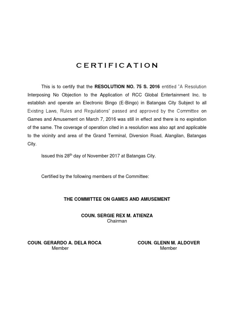 Certification: The Committee On Games and Amusement | PDF | Technology ...