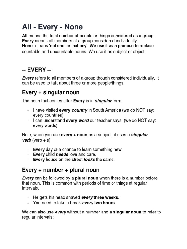 All Every None Pdf Grammatical Number Plural