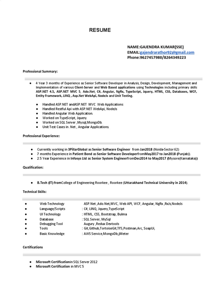 Senior Software Developer Resume | PDF | Entity Framework | Web Application