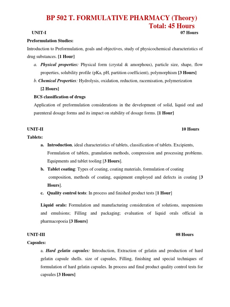 BP 502 T. Formulative Pharmacy (Theory) Total: 45 Hours | PDF | Tablet ...