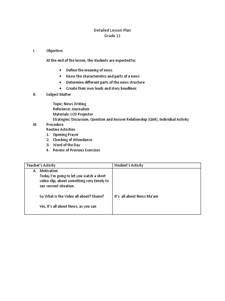Grade 11 News Writing Lesson Plan | PDF | Lesson Plan | News