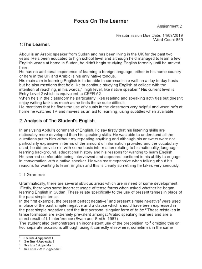 Celta Assignment 2 Focus On The Learner Pdf Arabic English Language
