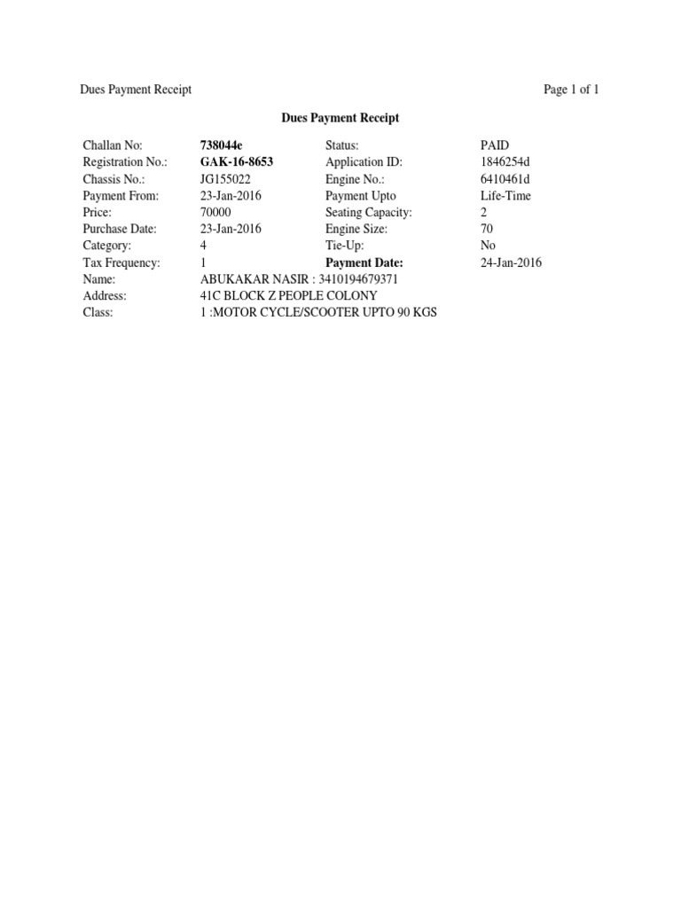 Dues Payment Receipt Page 1 of 1 444444 | PDF