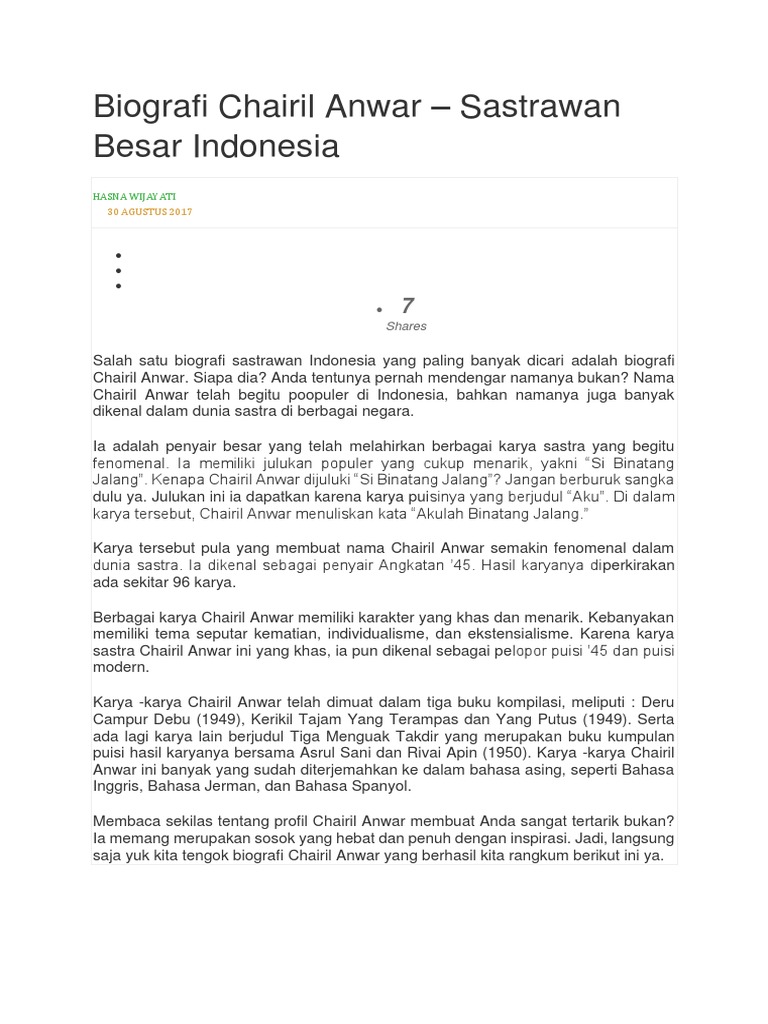 Biografi Chairil Anwar: Si Binatang Jalang | PDF