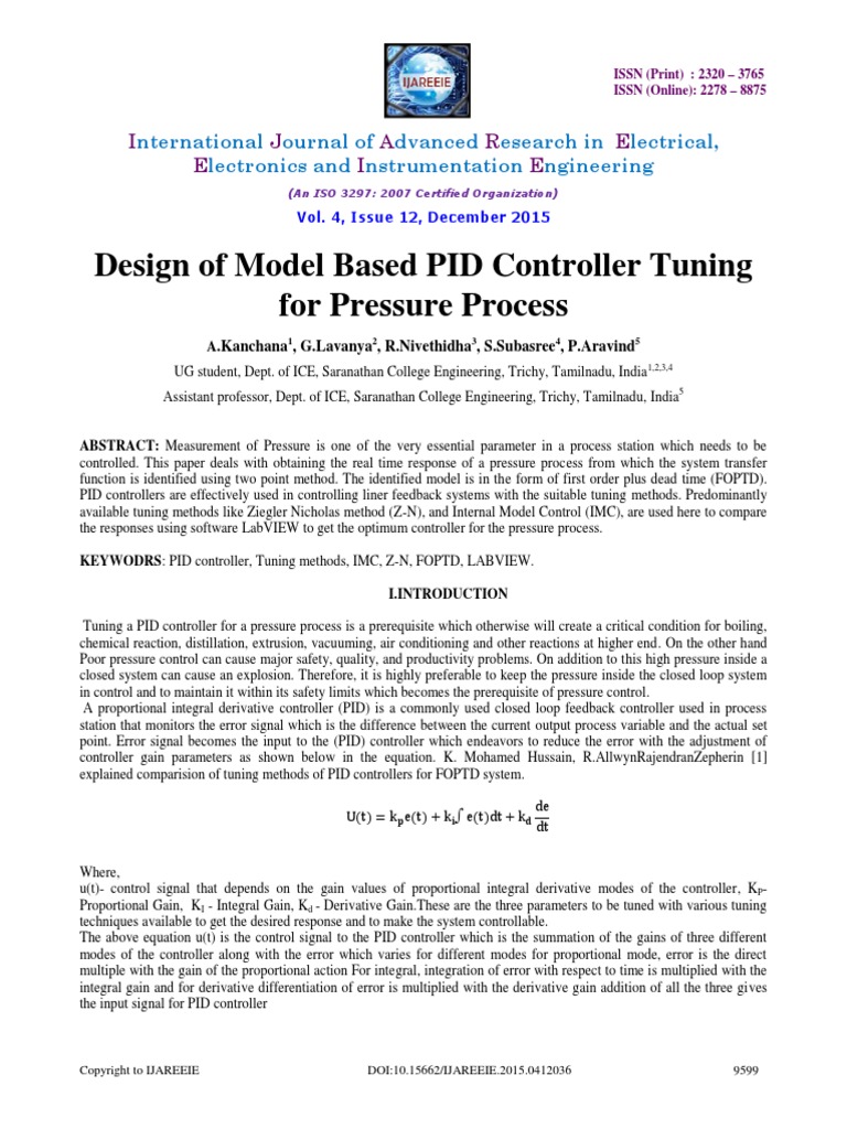 Design of Model Based PID Controller Tuning For Pressure Process | PDF ...