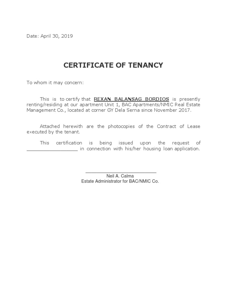 Certification of Tenancy | PDF