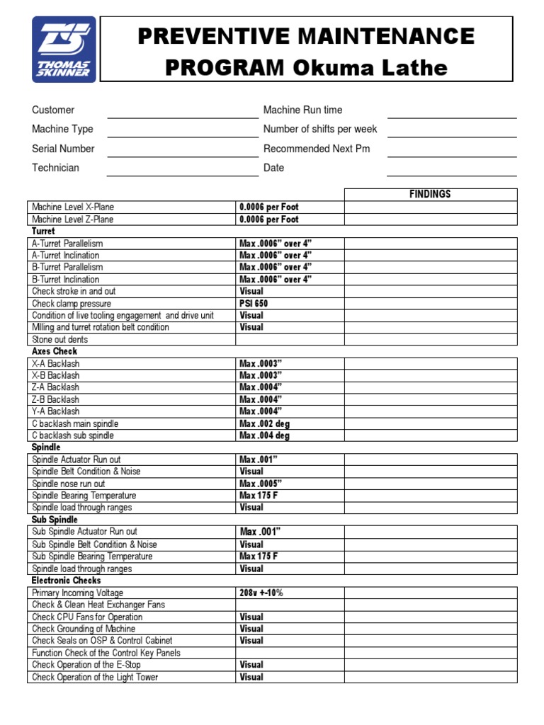 Comprehensive Preventative Maintenance Checklist for Okuma Lathe