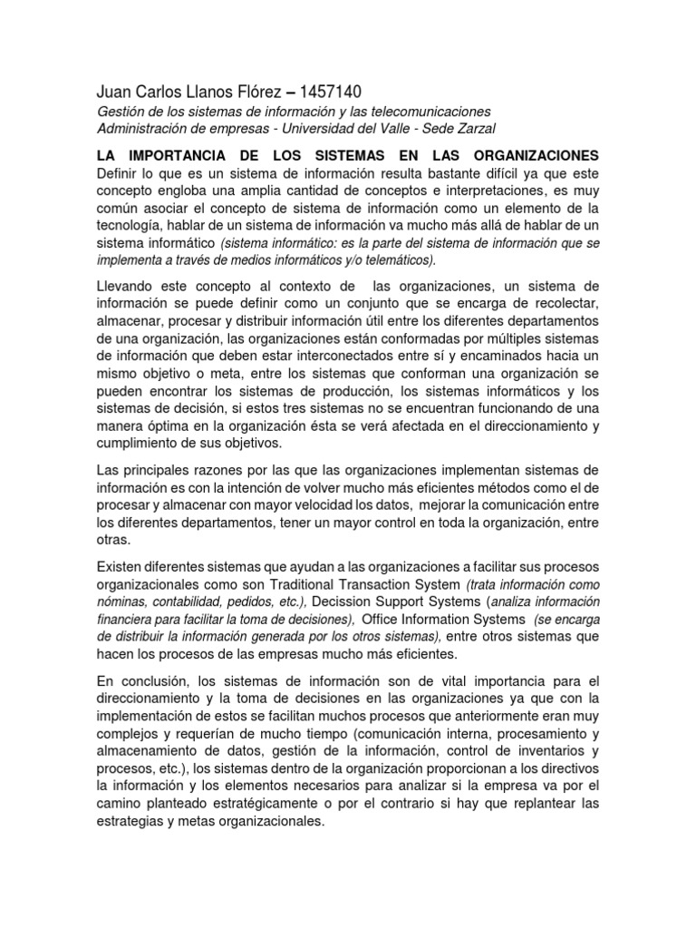 Importancia de Los Sistemas de Información en Las Organizaciones PDF ...