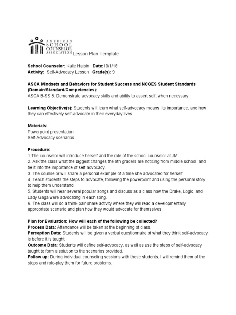 Self Advocacy Lesson Plan