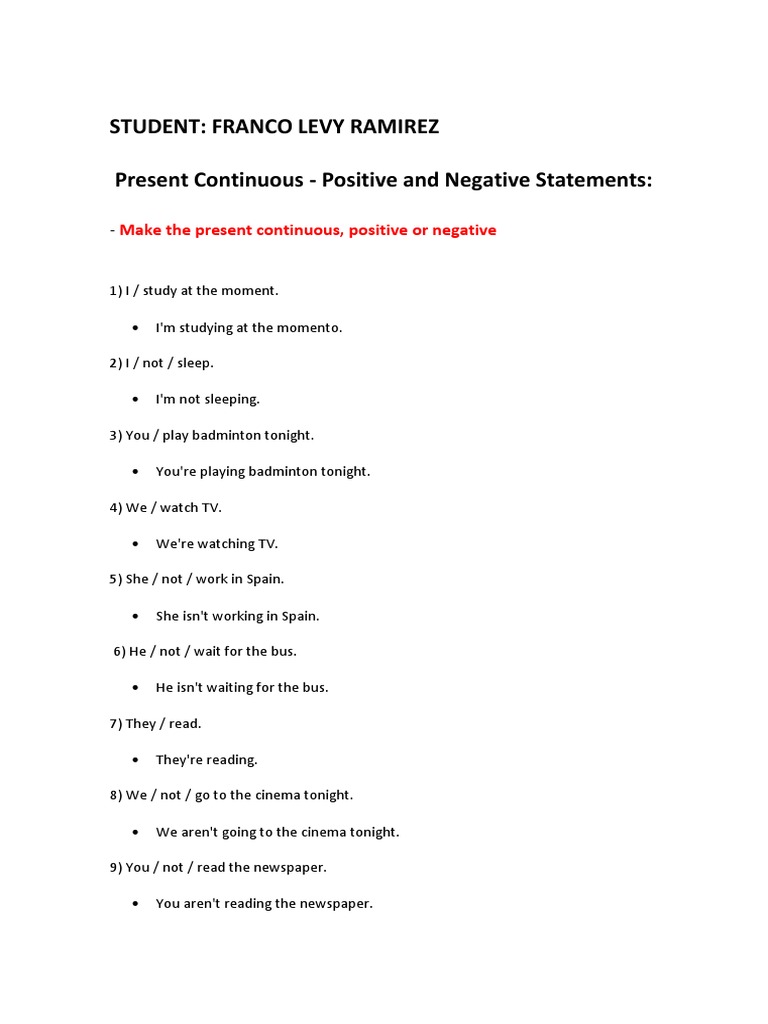 Student: Franco Levy Ramirez Present Continuous - Positive and Negative ...