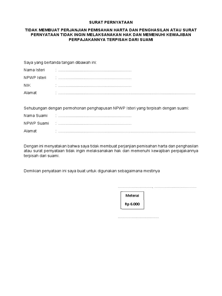 S Pernyataan Tidak Pisah Harta Tidak Melakukan Kewajiban Pajak Terpisah Pdf