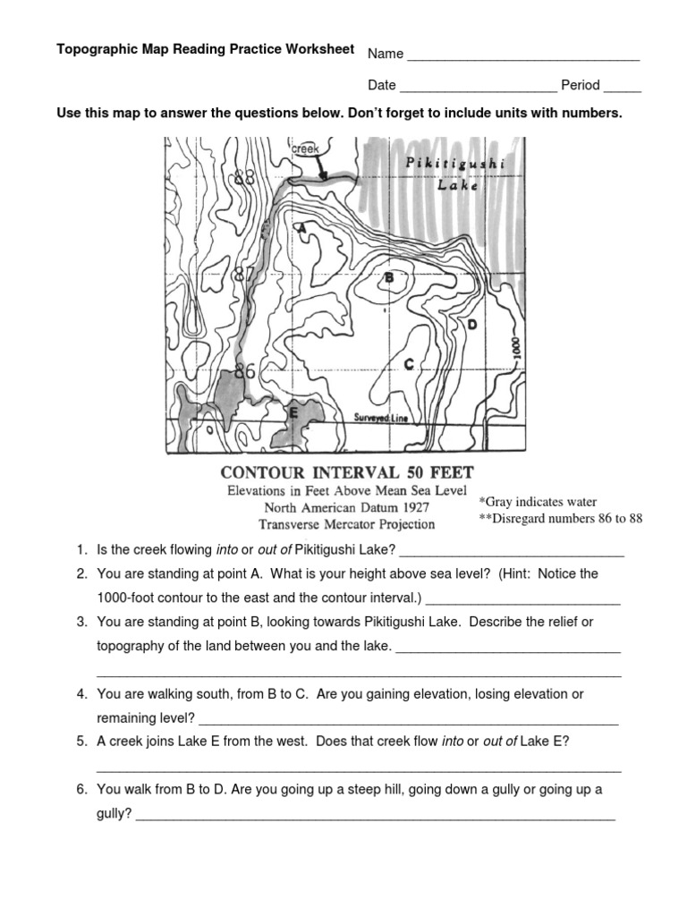 Topographic Map Reading Practice Worksheet PDF Contour Line Elevation