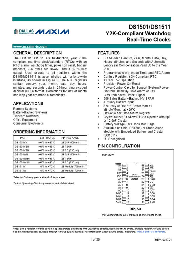 DS1501/DS1511 Watchdog RealTime Clocks PDF Random