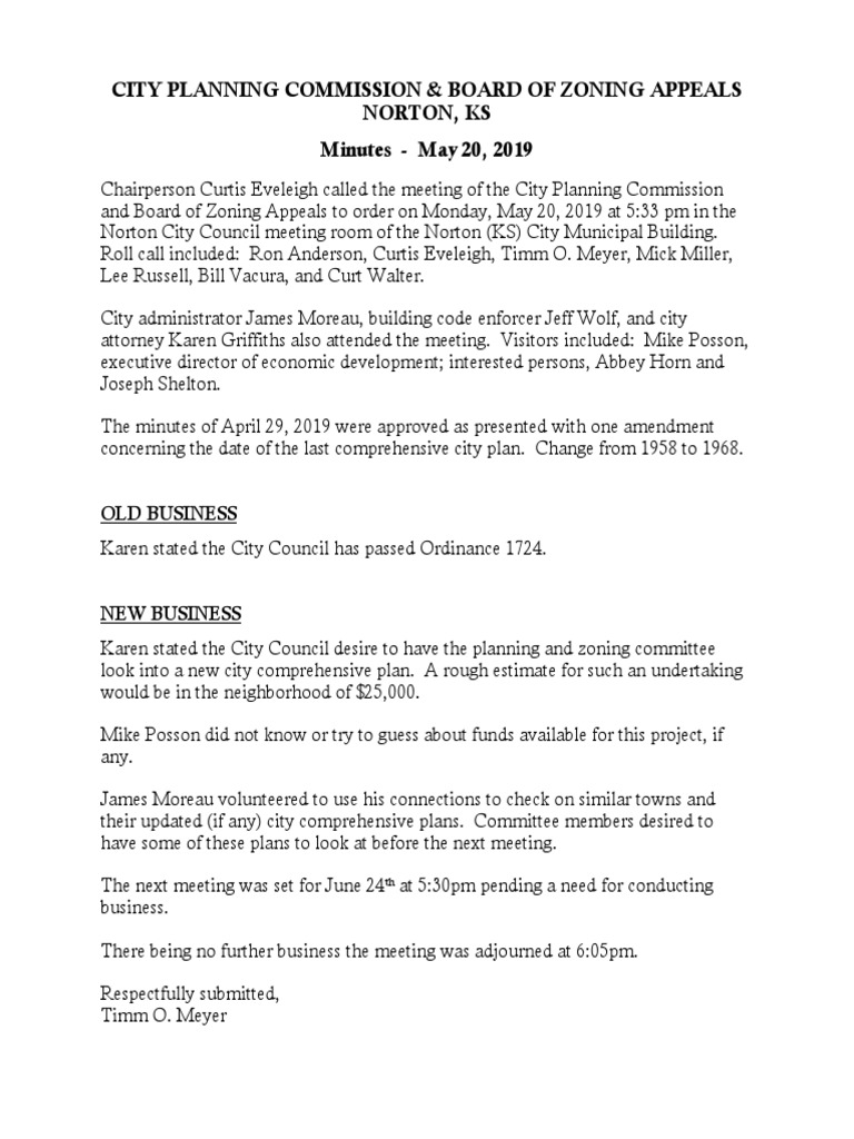 City Planning Commission & Board of Zoning Appeals Norton, Ks Minutes