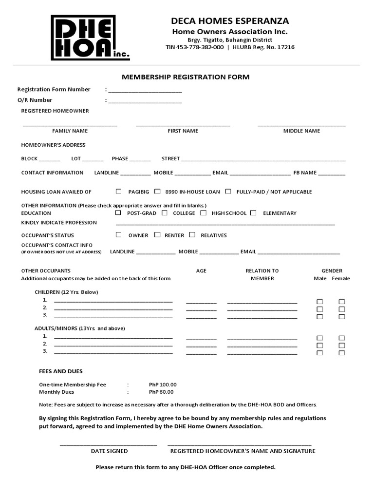 DHE HOA Membership Application & Registration Form | PDF | Business for Free Printable Hoa Forms And Templates
