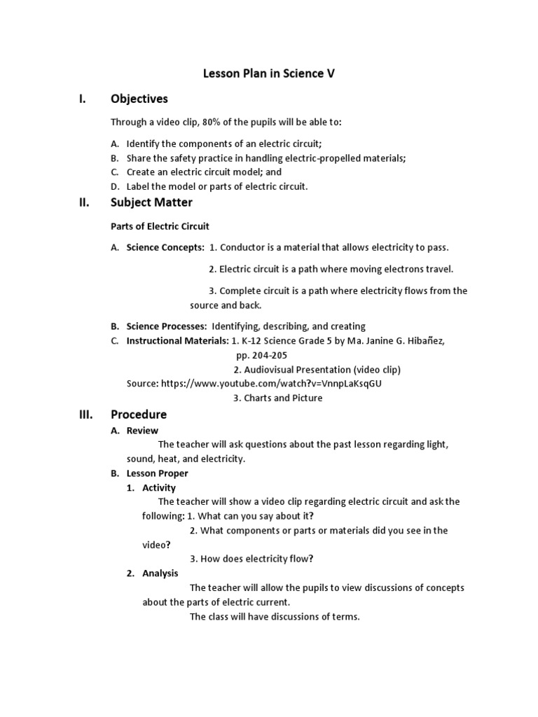 Lesson Plan in Science V Dec 10 | PDF | Electricity | Electric Current