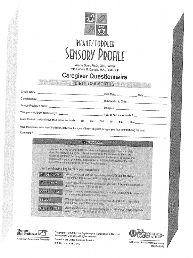 Infant Toddler Sensory Profile Caregiver Questionaire Birth to 6 Months