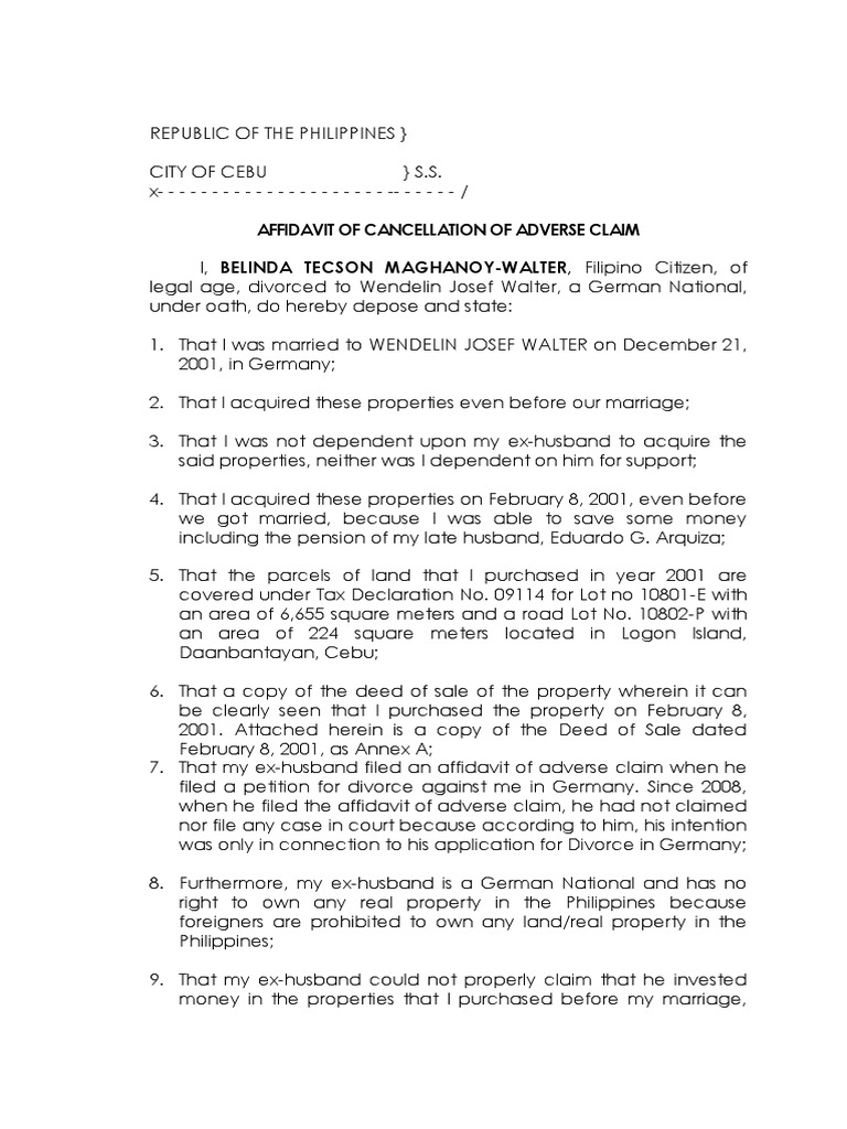 Cancellation of Adverse Claim Affidavit | PDF | Affidavit | Common Law