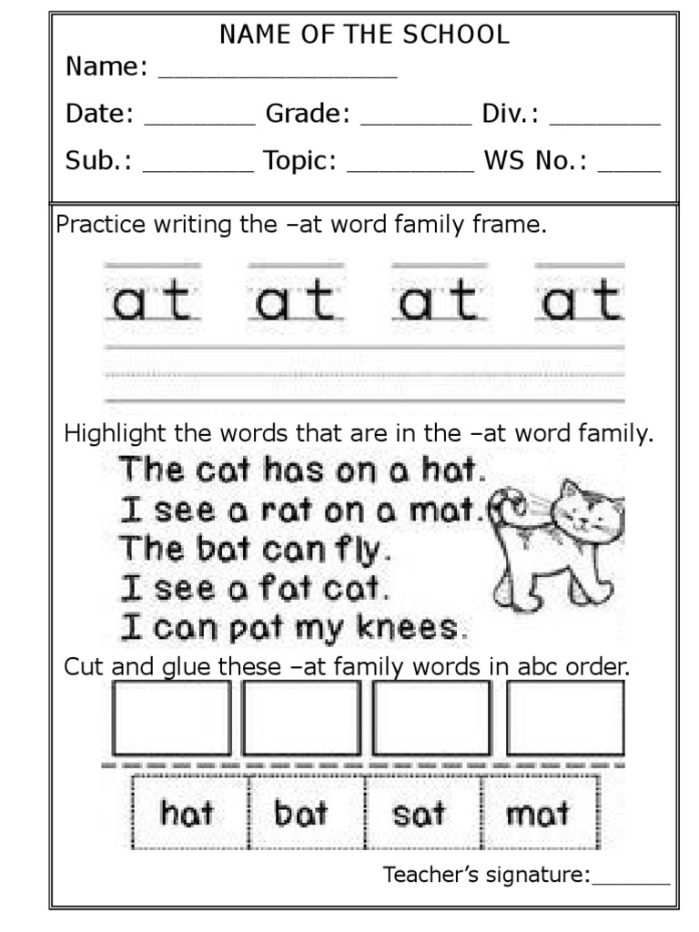 Practice Writing The - at Word Family Frame.: Teacher's Signature | PDF