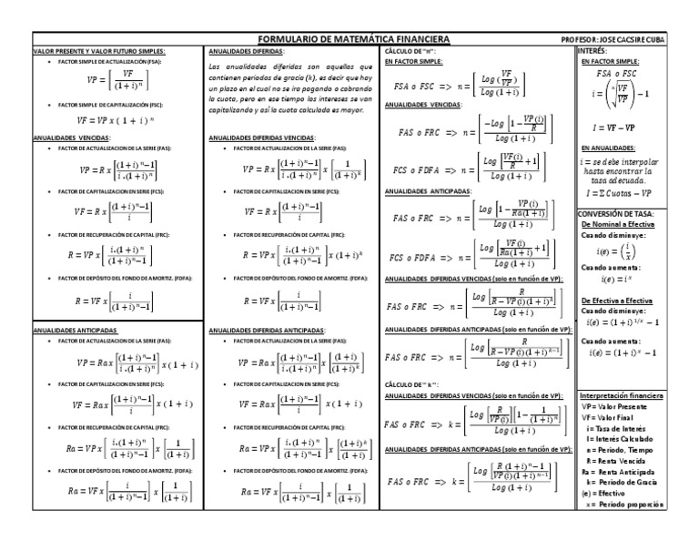 Formulario de Anualidades Financieras | PDF | Finanzas Matemáticas ...