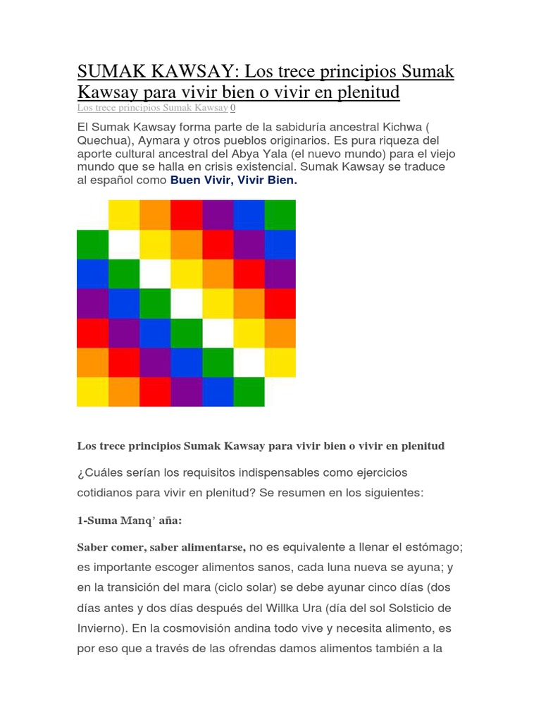SUMAK KAWSAY Los Trece Principios Sumak Kawsay para Vivir Bien o Vivir