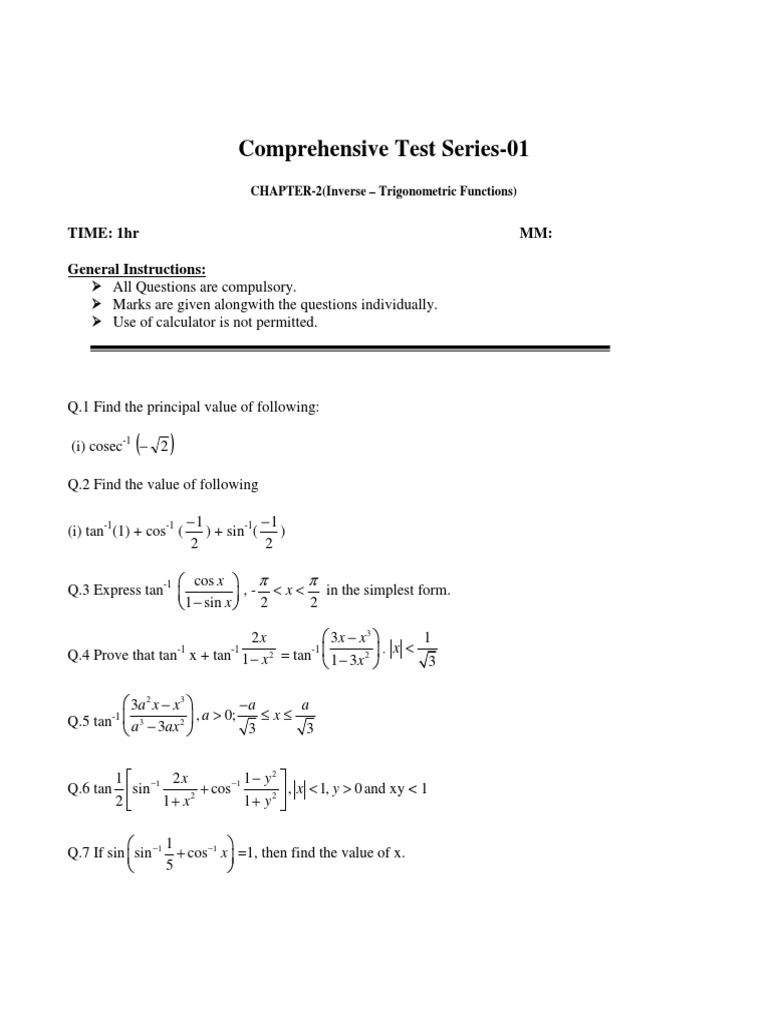 Inverse Trigonometric Functions Test | PDF | Trigonometric Functions | Sine