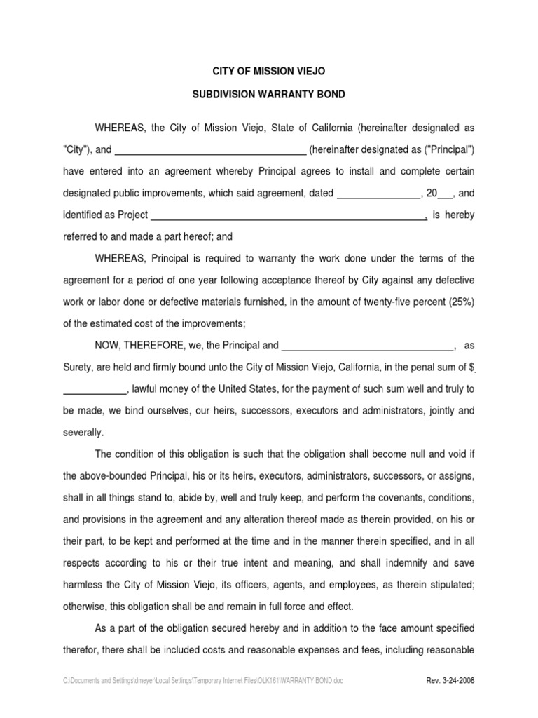 Subdivision Warranty Bond PDF Virtue Justice