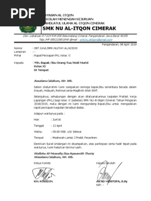Surat Undangan Rapat Orang Tua Smk Pkl
